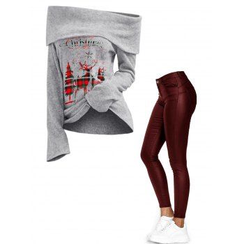 

Christmas Letter Elk Graphic Off The Shoulder Knit Top And Zipper Fly Pockets Solid Color Long Skinny PU Pants Oufit, Multicolor