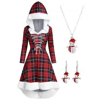 

Christmas Plaid Faux Fur Insert Hooded Lace Up High Low Dress And Cute Rhinestone Snowman Necklace Earrings Outfit, Red