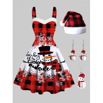 

Snowman Snowflake Letter Plaid Faux Fur Dress And Necklace And Drop Earrings Hat Christmas Outfit, Red