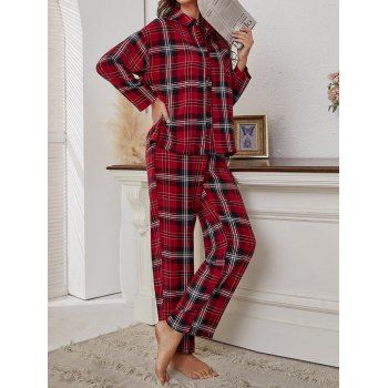 

Plaid Print Sleepwear Button Up Front Pocket Shirt And Straight Leg Elastic Waist Pants Loungewear Set, Multicolor