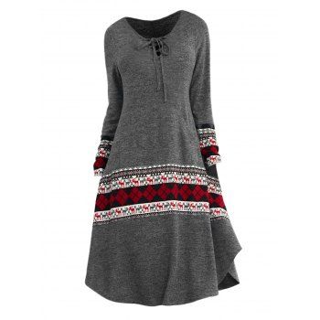 

Lace Up Dress Elk Geometric Print Long Sleeve Asymmetrical Hem Midi Dress, Gray