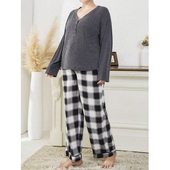 

Plus Size Sleepwear Heather Button Top And Plaid Print Stright Leg Pants Casual Loungewear Set, Multicolor