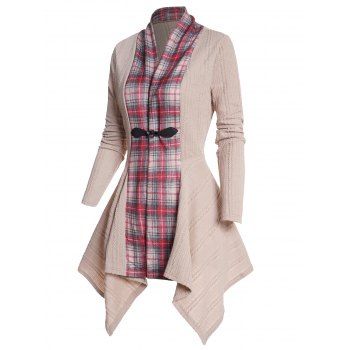 

Plaid Panel Asymmetric Knit Cardigan Textured Long Sleeve Knitted Cardigan, Light coffee