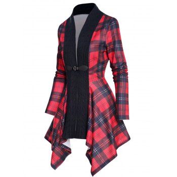 

Plaid Print Asymmetric Coat Contrast Textured Knit Panel Top, Red