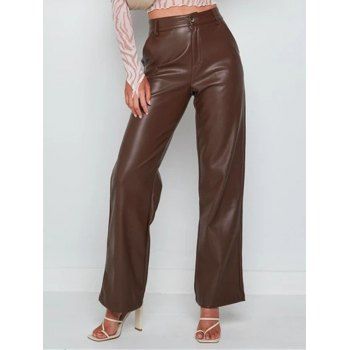 

PU Pants Zipper Fly Pocket Faux Leather Straight Leg Long Pants, Coffee