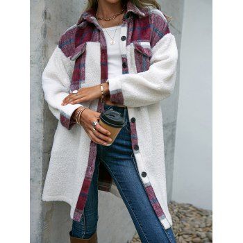

Plaid Print Coat Front Flap Pocket Turn Down Collar Teddy Fur Full Sleeve Longline Coat, Multicolor