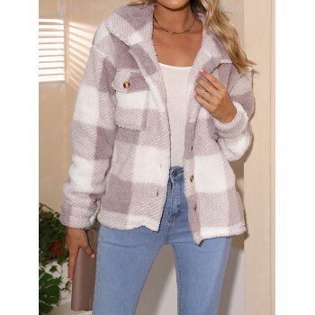 

Plaid Print Jacket Front Flap Pocket Turn Down Collar Long Sleeve Button Up Jacket, Multicolor