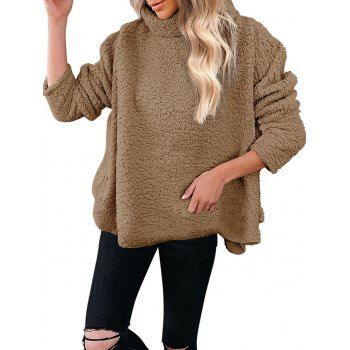 

Plain Color Top Faux Fur Curved Hem Slit Turtleneck Drop Shoulder Long Sleeve Top, Coffee