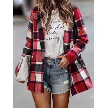 

Plaid Print Coat Turn Down Collar Full Sleeve Open Front Long Coat, Multicolor