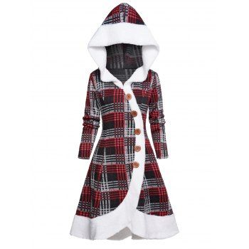

Plaid Print Dress Mock Button Faux Fur Asymmetrical Hem Long Sleeve High Waisted Hooded Dress, Deep red