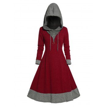 

Colorblock Textured Knit Hooded Dress O Ring Zipper Long Sleeve Drawstring Hood Knitted Dress, Deep red