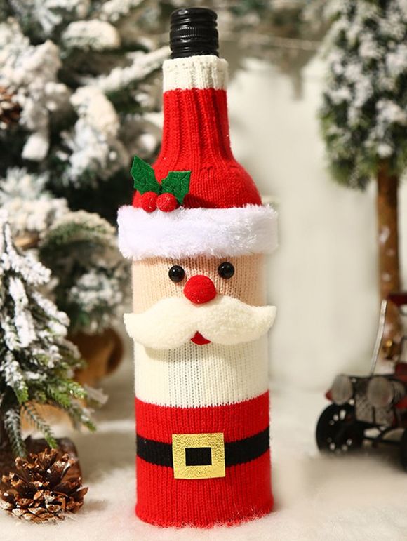 Sac à Housse de Bouteille de Vin Tricoté pour Décoration Fête de Noël et Soirée - Rouge 