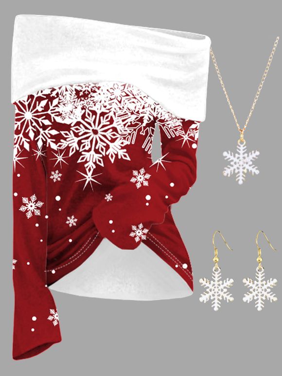 Ensemble de Collier et Boucles D'Oreilles Pendantes en Tricot Motif Flocons de Neige et Géométries de Noël - Rouge S
