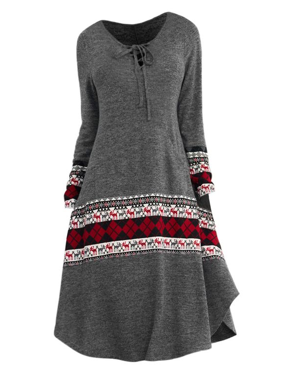 Lace Up Dress Elk Geometric Print Long Sleeve Asymmetrical Hem Midi Dress - GRAY L