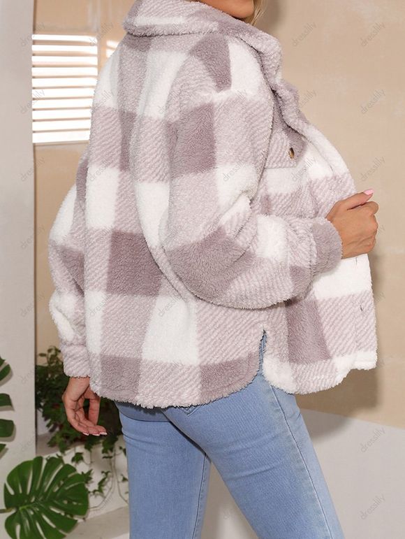 Veste Boutonnée à Carreaux Imprimé Manches Longues à Col Relevé - multicolor L