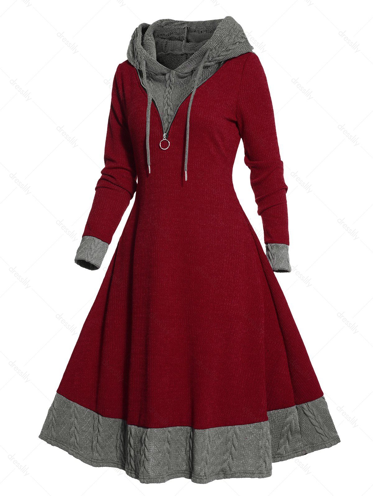 Robe à Capuche Tricotée Zippée Texturée Anneau en O à Manches Longues à Cordon en Blocs de Couleurs - Rouge foncé XL