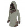 Tribal Geometric Stripe Panel Hooded Knit Top Long Sleeve Mock Button Knitted Top - BLACK S