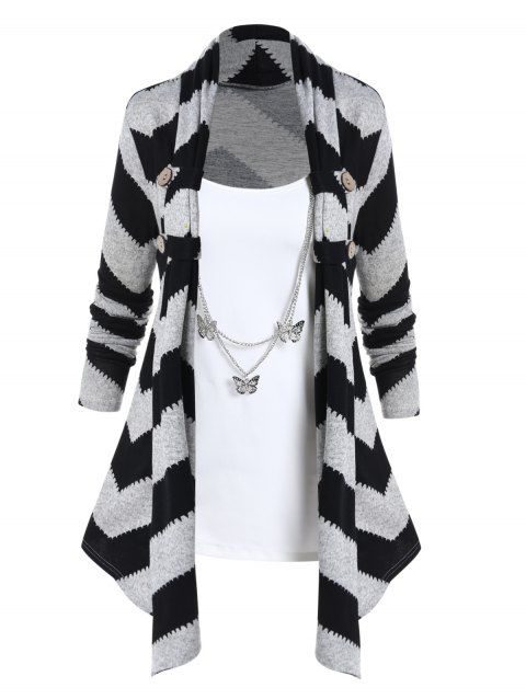 Plus Size Contrast Chevron Graphic Asymmetric Long Sleeve Knit Faux Twinset Top With Butterfly Chain