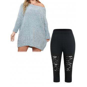 

Plus Size Heather Skew Neck Sweater And Flower Lace Panel Grommet Cut Out Leggings Casual Outfit, Multicolor