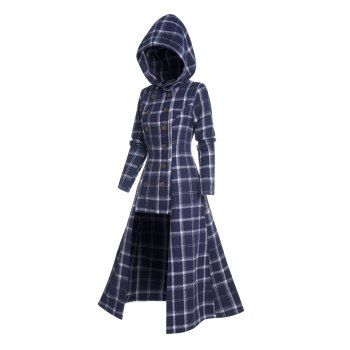 

Plaid Print Coat High Low Button Up Hooded Coat Full Sleeve Longline Coat, Deep blue