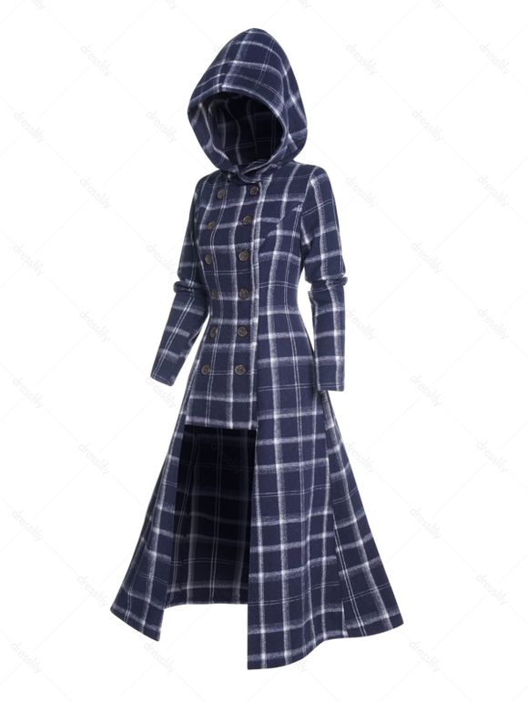 Plaid Print Coat High Low Button Up Hooded Coat Full Sleeve Longline Coat - DEEP BLUE XXL