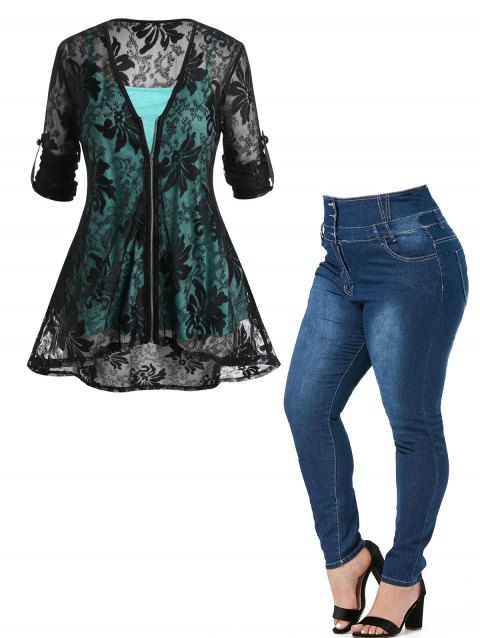 Plus Size Flower Lace High Low Long Top Heathered Camisole And Zipper Fly Pockets Button Jeans Casual Outfit