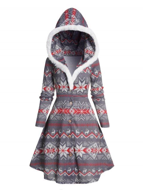 Christmas Hooded Coat Zig Zag Snowflake Printed Faux Fur Full Sleeve Button Up Long Coat
