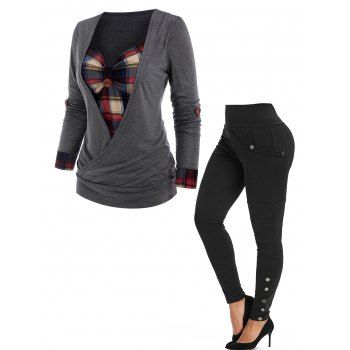 

Plus Size Plaid Print Crossover Ruched Bust Faux Twinset T Shirt And Snap Buttons Pants Casual Outfit, Multicolor