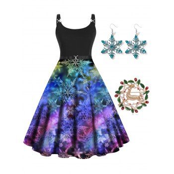 

Plus Size Christmas Outfit Snowflake Print Twisted High Waist A Line Midi Dress And Elk Wreath Rhinestone Brooch Drop Earrings Set, Multicolor