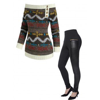 

Off The Shoulder Tribal Jacquard Sweater And Zipper Pockets Pleated Faux Leather Panel Pants Casual Outfit, Multicolor