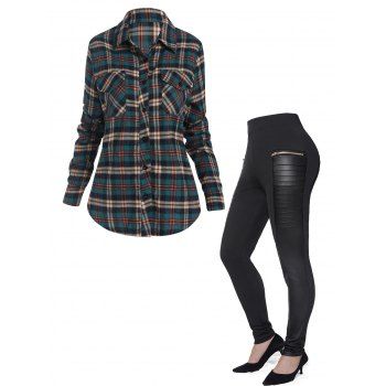 

Plaid Print Long Sleeve Pockets Button Up Shirt And Zipper Pockets Pleated Patches Skinny Pants Oufit, Multicolor