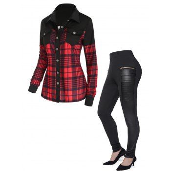 

Plaid Print Colorblock Panel Long Sleeve Shirt And Zipper Pockets Pleated Patches Panel Skinny Pants Outfit, Multicolor