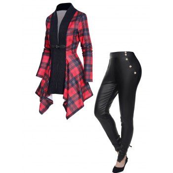 

Plaid Print Textured Knit Panel Asymmetric Top And Mock Button Faux Leather Zip Hem Pencil Pants Outfit, Multicolor