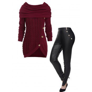 

Cowl Neck Foldover Cable Knit Tunic Knitwear And Mock Button Faux Leather Zip Hem Pencil Pants Outfit, Multicolor