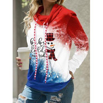 Christmas Cute Snowman Snowflake Letter Graphic Colorblock Sweatshirt Drawstring Cowl Neck Long Sleeve Sweatshirt