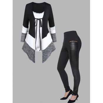 

Colorblock Asymmetric Pointed Hem Lace Trim Faux Twinset Top And Zipper Pockets Pleated Patches Panel Skinny Pants Outfit, Black
