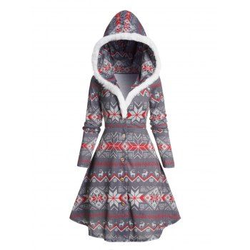 

Christmas Hooded Coat Zig Zag Snowflake Printed Faux Fur Full Sleeve Button Up Long Coat, Gray