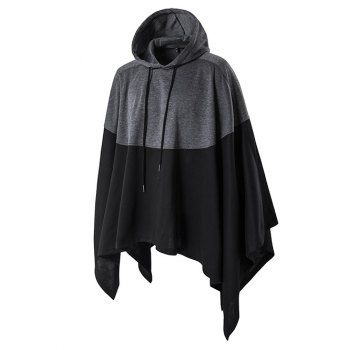 

Colorblock Cape Hooded Cape Heather Drawstring Asymmetrical Hem Cape, Black