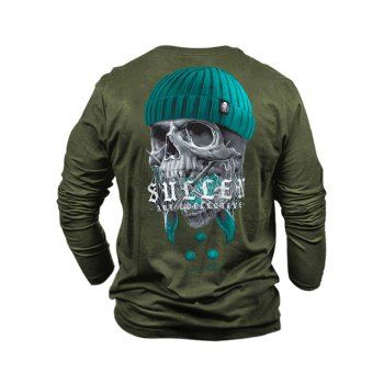 

Gothic T Shirt Skull With Hat Pattern Graphic T Shirt Round Neck Long Sleeve Tee, Army green