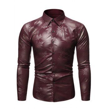 

Maple Leaf Print Long Sleeve Shirt Button Up Turndown Collar Shirt, Deep red