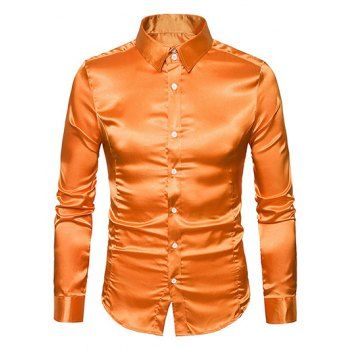 

Bright Color Long Sleeve Shirt Turndown Collar Button Up Shirt, Orange
