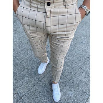 

Plaid Print Chino Pants Zip Fly Pencil Pants, Light coffee