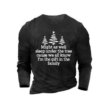 

Christmas Tree Slogan Pattern T Shirt Round Neck Long Sleeve Tee, Black