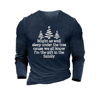

Christmas Tree Slogan Pattern T Shirt Round Neck Long Sleeve Tee, Cadetblue