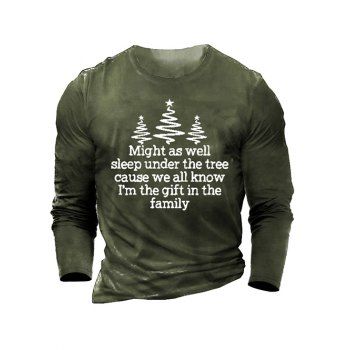 

Christmas Tree Slogan Pattern T Shirt Round Neck Long Sleeve Tee, Army green