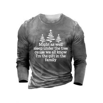 

Christmas Tree Slogan Pattern T Shirt Round Neck Long Sleeve Tee, Gray