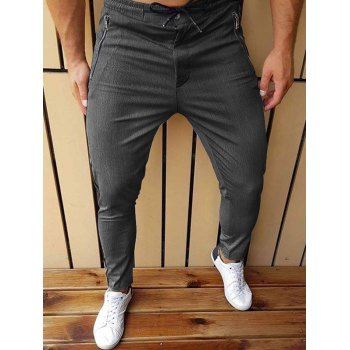 

Drawstring Elastic Waist Chino Pants Zip Fly Solid Color Pencil Pants, Dark gray