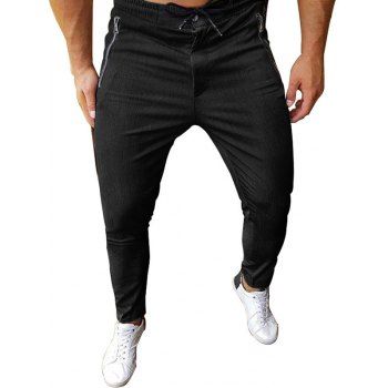 

Drawstring Elastic Waist Chino Pants Zip Fly Solid Color Pencil Pants, Black