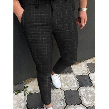 

Grid Check Allover Print Chino Pants Zip Fly Long Pencil Pants, Black