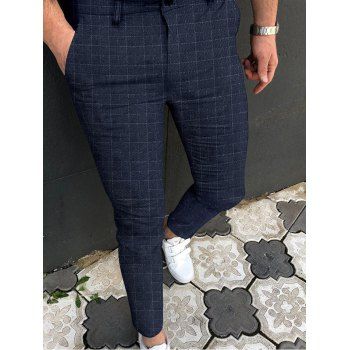 

Grid Check Allover Print Chino Pants Zip Fly Long Pencil Pants, Deep blue